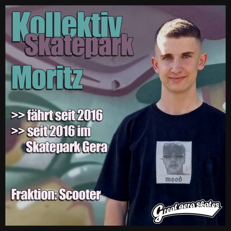 Moritz fährt seit 2016 im Skatepark Gera. Seit Juni 2022 unterstützt er das Kollektiv Skatepark in der Fraktion Scooter.