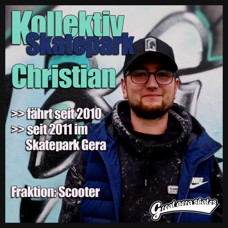 Christian fährt seit 2010 Scooter, seit 2011 im Skatepark Gera. Im Kollektiv Skatepark vertritt er natürlich auch diese Fraktion.
