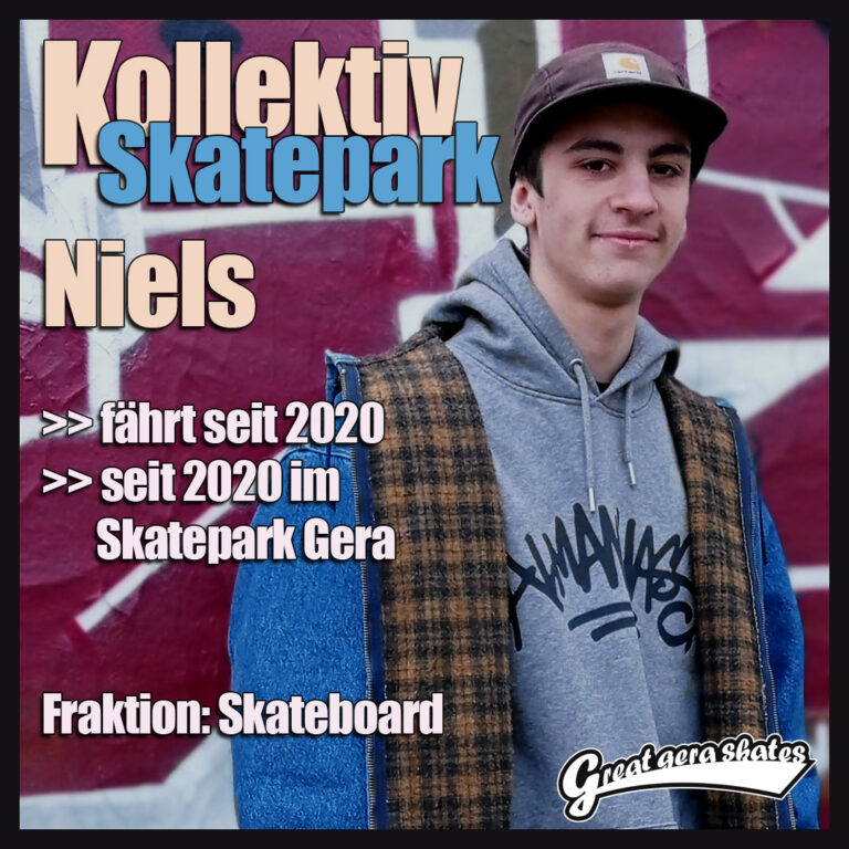 Niels fährt und ist auch seit 2020 regelmäßig mit seinem Skateboard im Skatepark Gera anzutreffen.